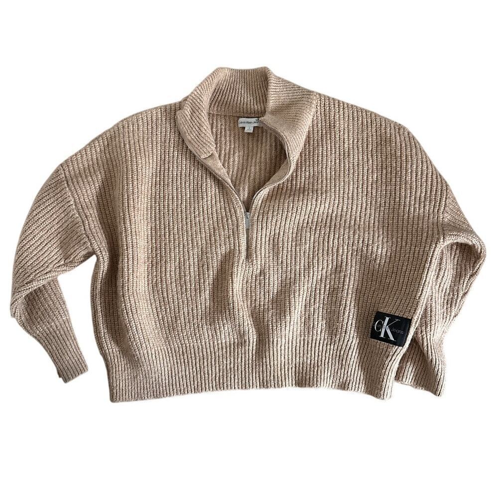 Y2K Calvin Klein Beige Ribbed Half Zip Sweater M